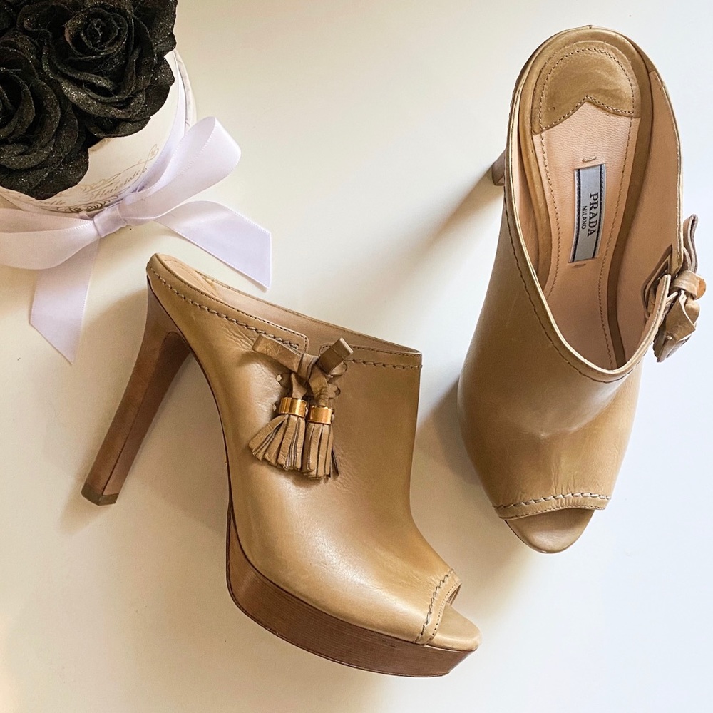 Prada open toed tan heels